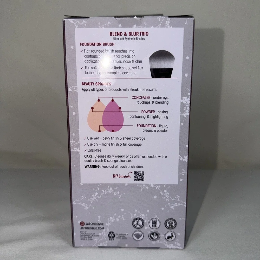 Japonesque Blend & Blur Trio Makeup Brush & Beauty Sponge Set NIB
